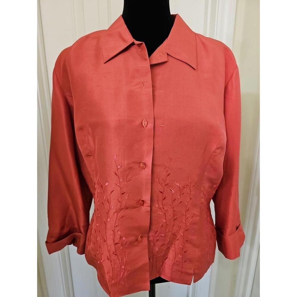 Vintage‎ Womens Boxy Silk Blouse Large Red Embroidered Top